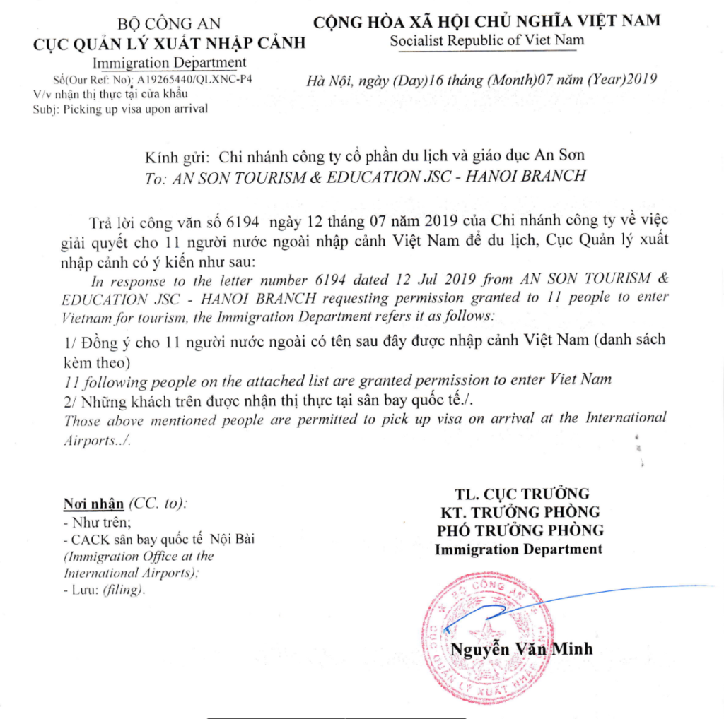 Vietnam Visa Approval Letter first page